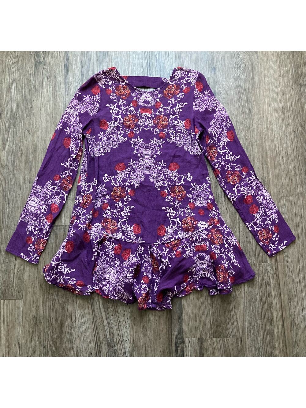 Free People Smooth Talker Tunic Women's XS Purple Floral Boho Pockets Open Back